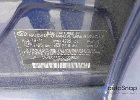 2012 Hyundai Sonata Se from USA, damaged, VIN 5NPEC4AC5CH359820